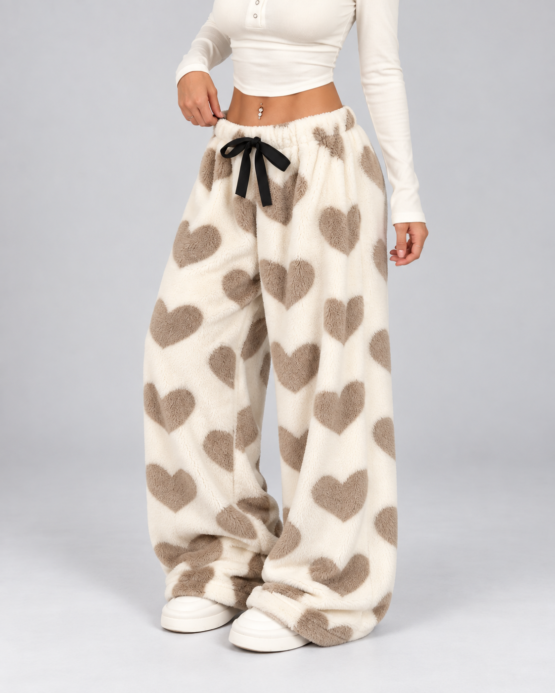 Women's Heart Print Fleece Lounge Pants – Wide Leg Drawstring Waist Sweatpants