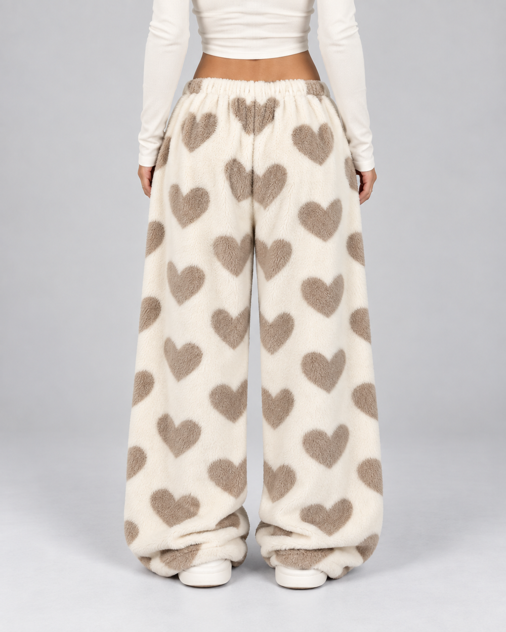 Women's Heart Print Fleece Lounge Pants – Wide Leg Drawstring Waist Sweatpants