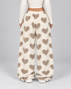 Women's Heart Print Fleece Lounge Pants – Wide Leg Drawstring Waist Sweatpants