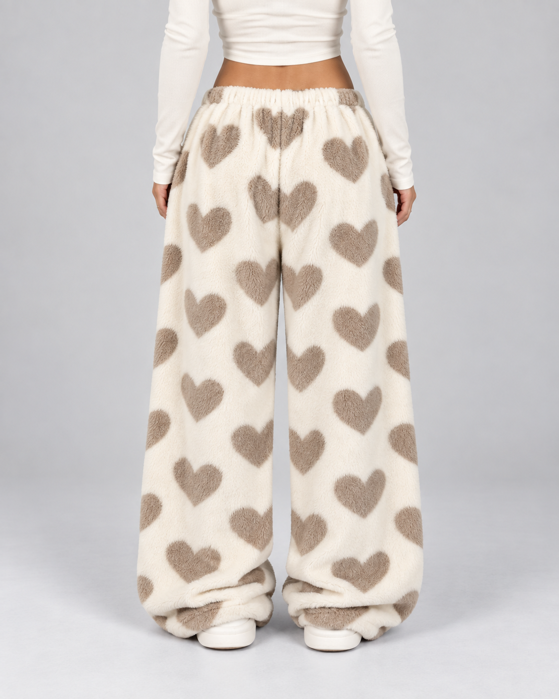 Women's Heart Print Fleece Lounge Pants – Wide Leg Drawstring Waist Sweatpants