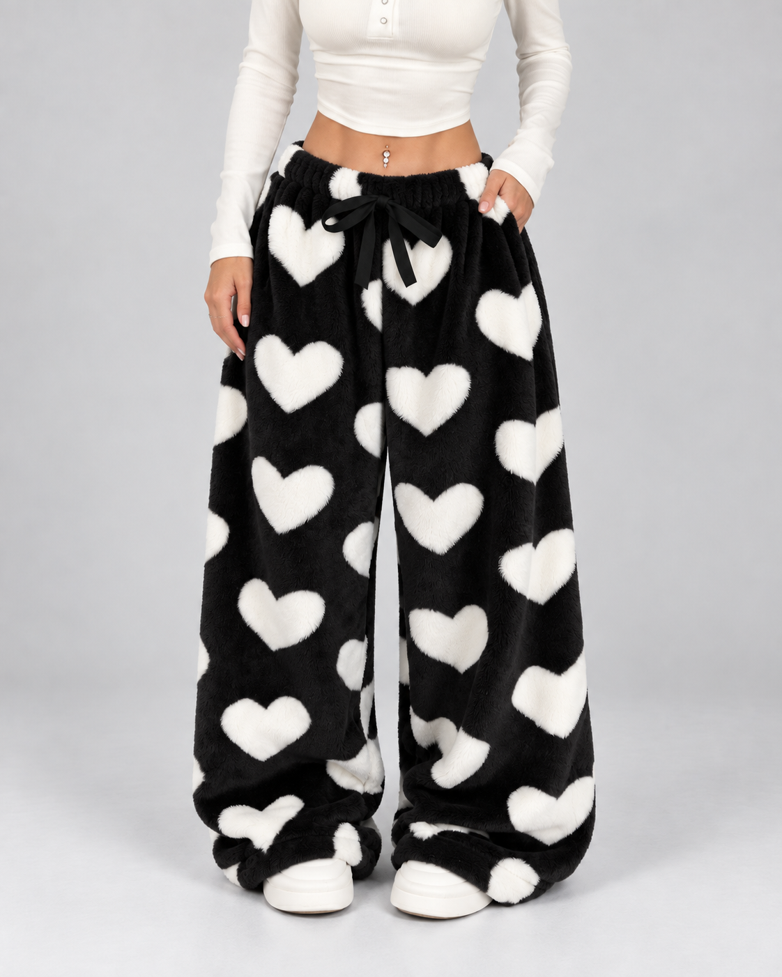 Women's Heart Print Fleece Lounge Pants – Wide Leg Drawstring Waist Sweatpants