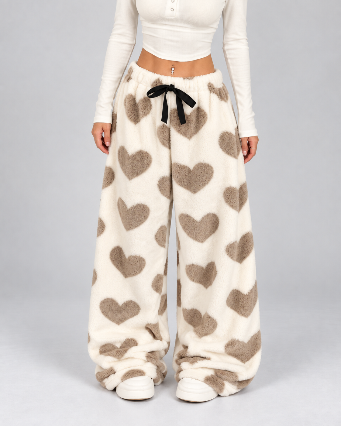 Women's Heart Print Fleece Lounge Pants – Wide Leg Drawstring Waist Sweatpants