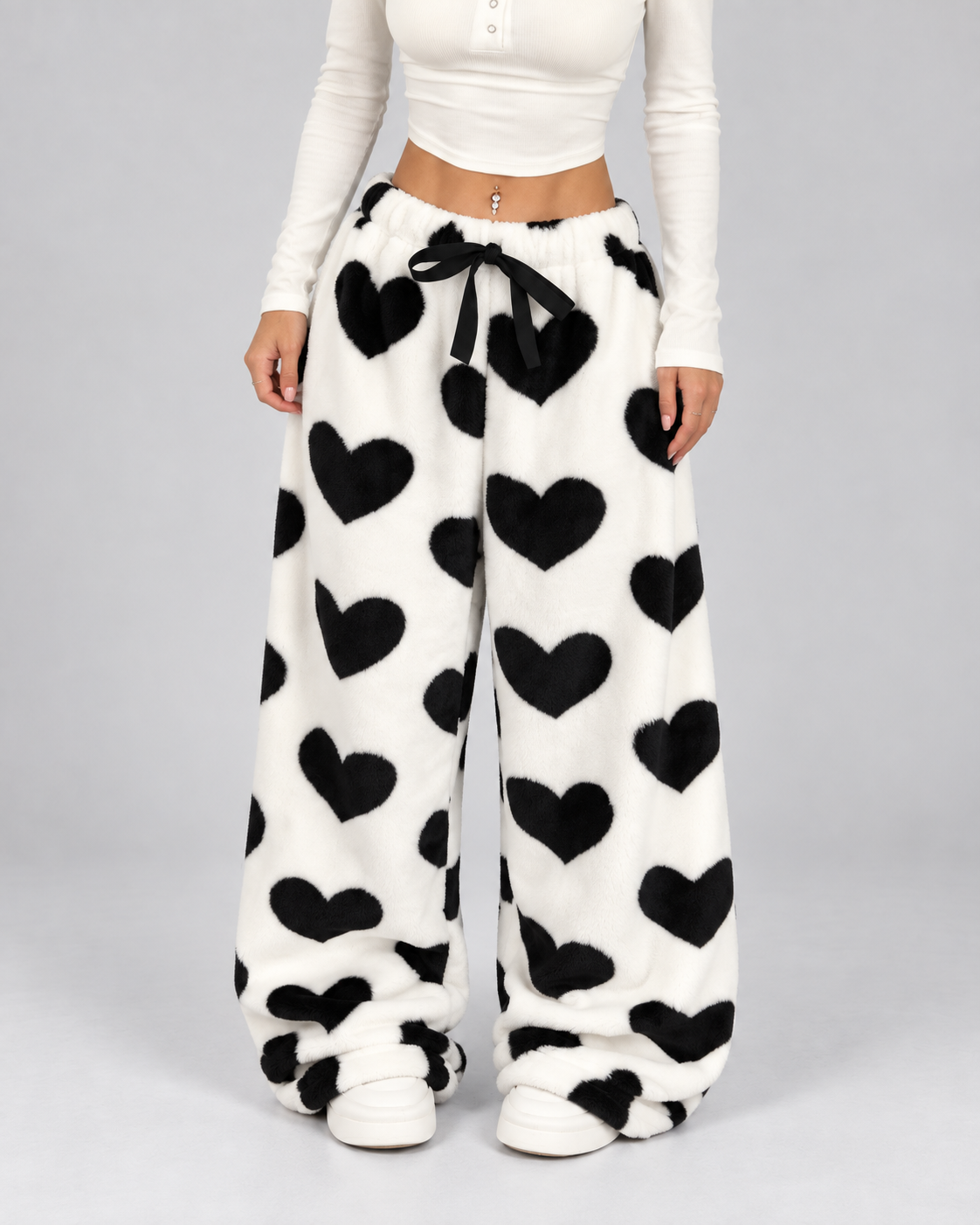Women's Heart Print Fleece Lounge Pants – Wide Leg Drawstring Waist Sweatpants