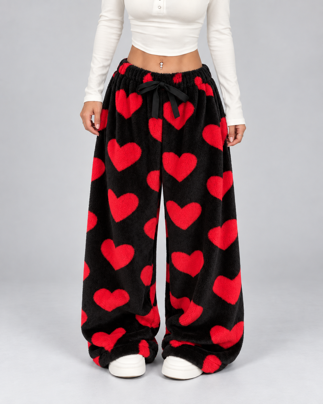 Women's Heart Print Fleece Lounge Pants – Wide Leg Drawstring Waist Sweatpants