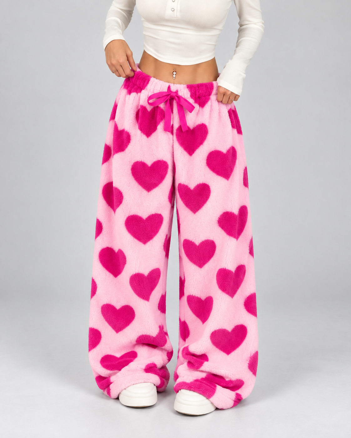 Women's Heart Print Fleece Lounge Pants – Wide Leg Drawstring Waist Sweatpants
