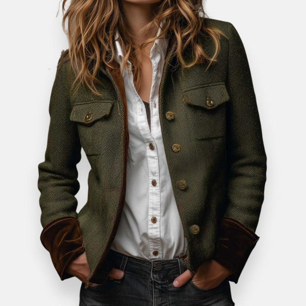 Women's Herringbone Velvet-Trim Utility Jacket - Military Cropped Button-Front Outwear