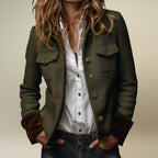 Women's Herringbone Velvet-Trim Utility Jacket - Military Cropped Button-Front Outwear