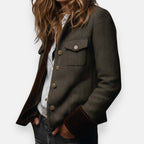 Women's Herringbone Velvet-Trim Utility Jacket - Military Cropped Button-Front Outwear
