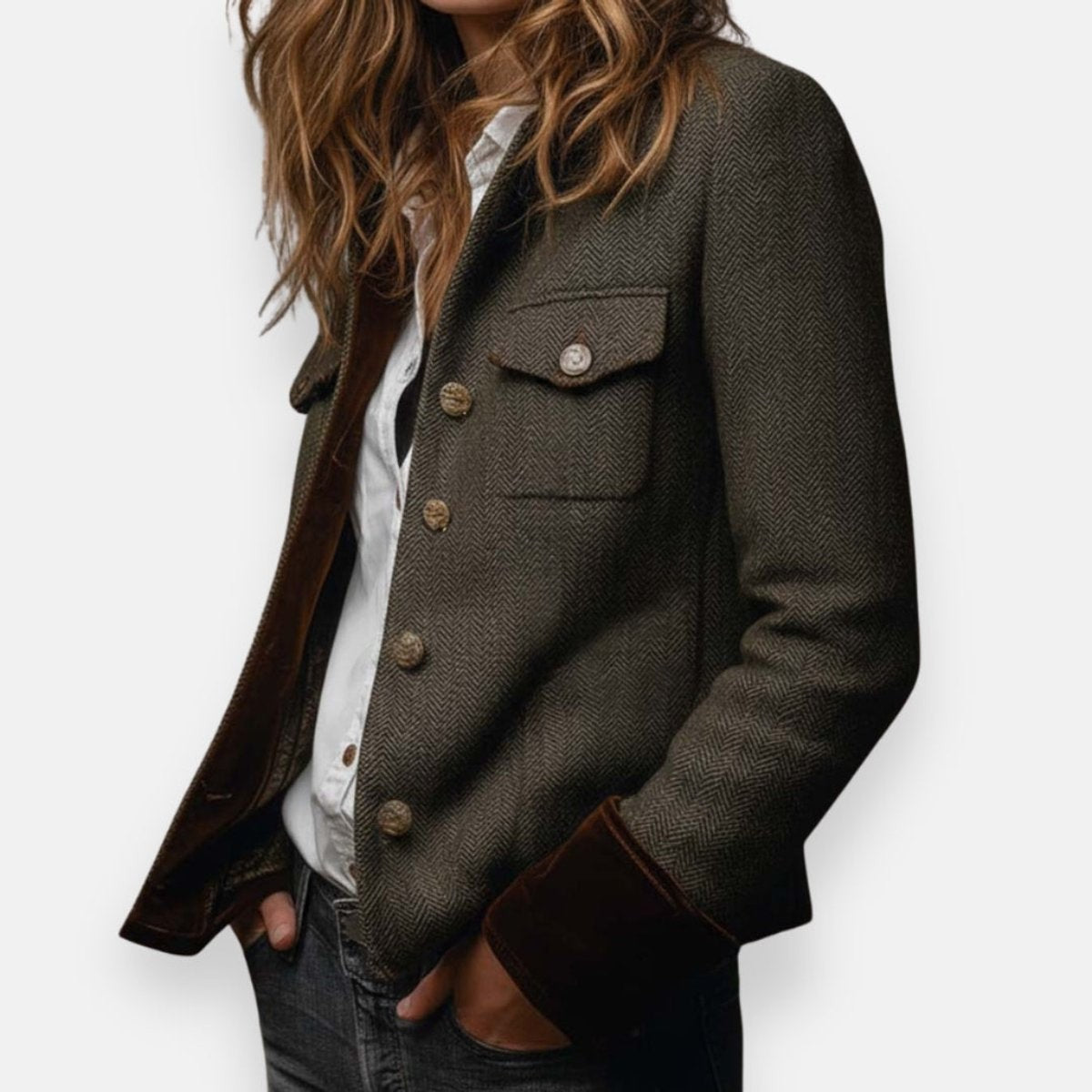 Women's Herringbone Velvet-Trim Utility Jacket - Military Cropped Button-Front Outwear