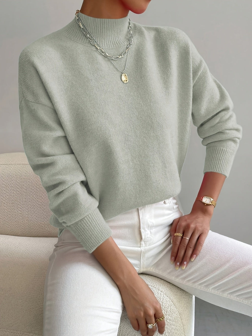 Women's Mock Neck Relaxed Sweater – Soft Everyday Knit with Ribbed Cuffs