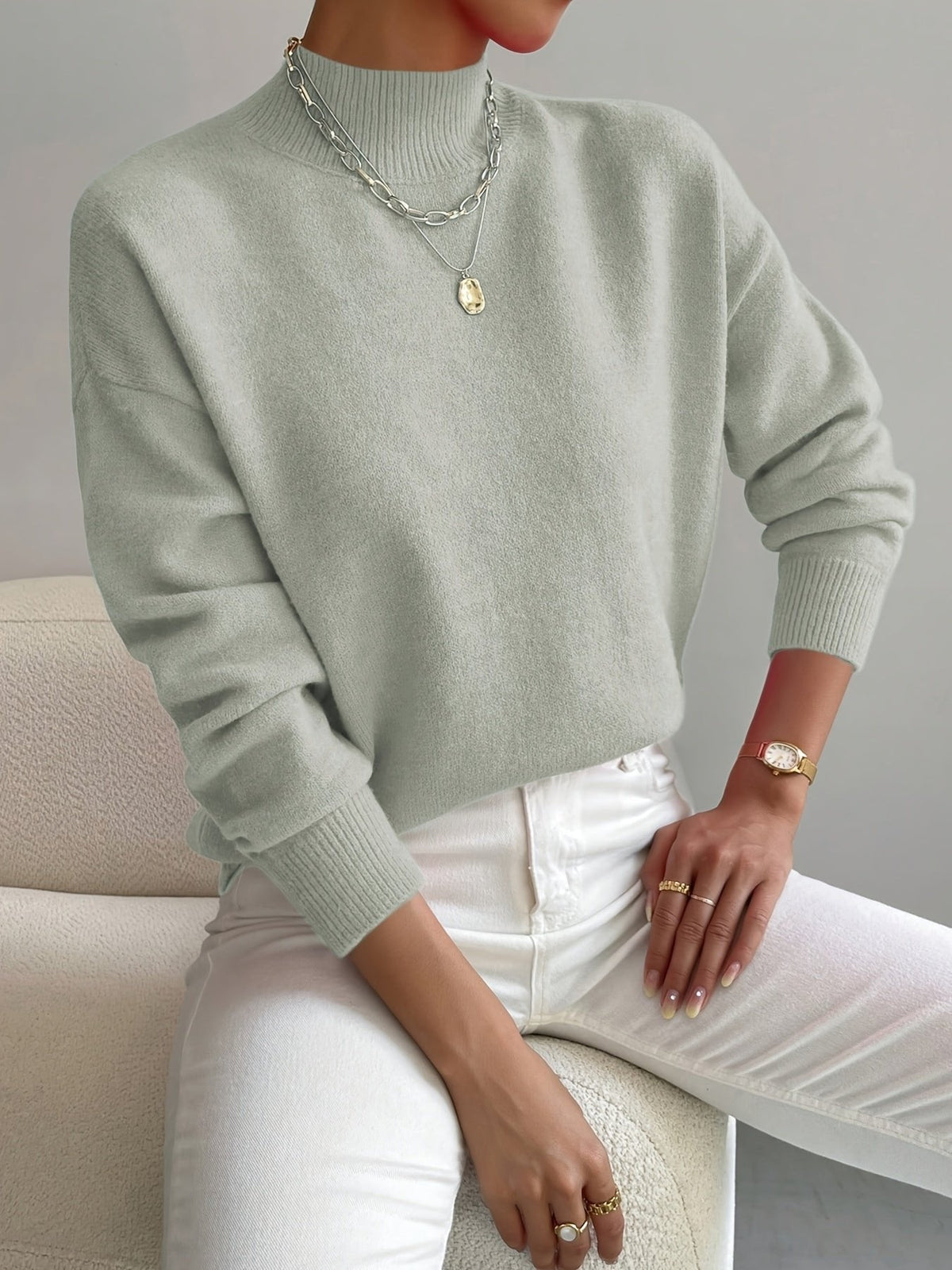 Women's Mock Neck Relaxed Sweater – Soft Everyday Knit with Ribbed Cuffs