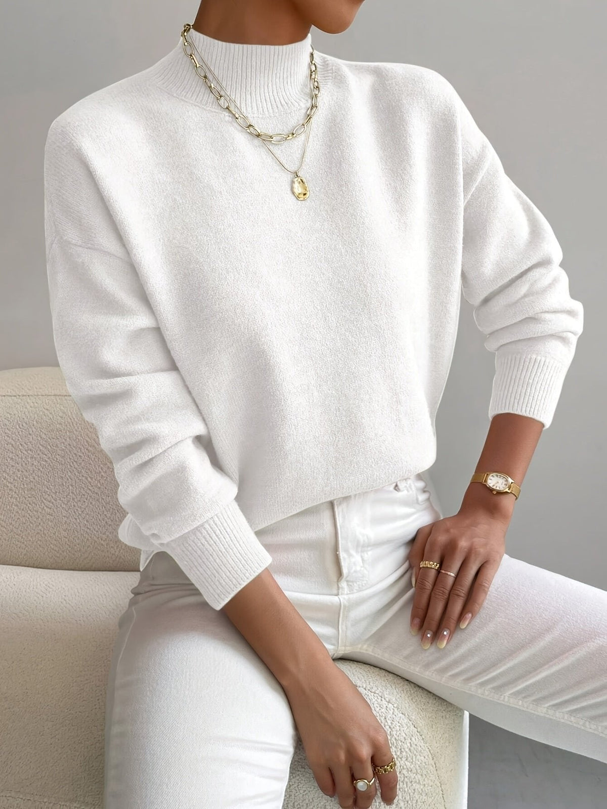 Women's Mock Neck Relaxed Sweater – Soft Everyday Knit with Ribbed Cuffs