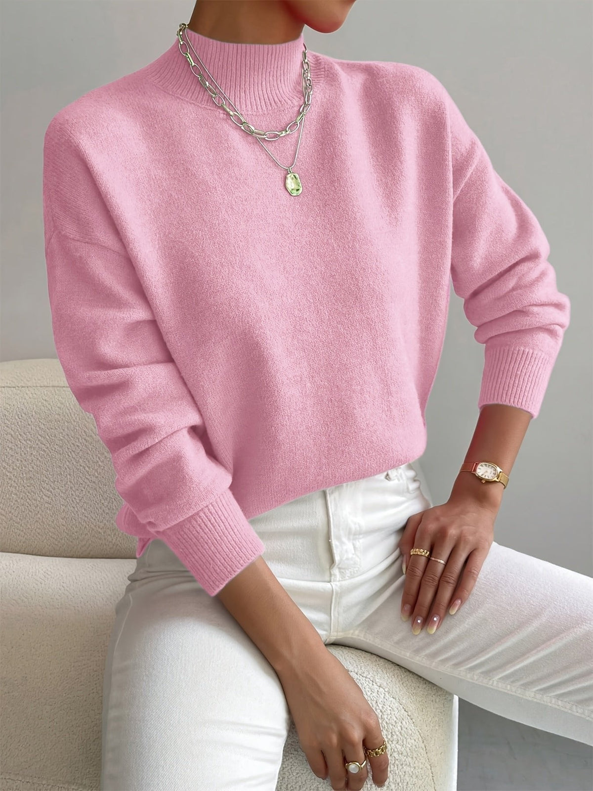 Women's Mock Neck Relaxed Sweater – Soft Everyday Knit with Ribbed Cuffs