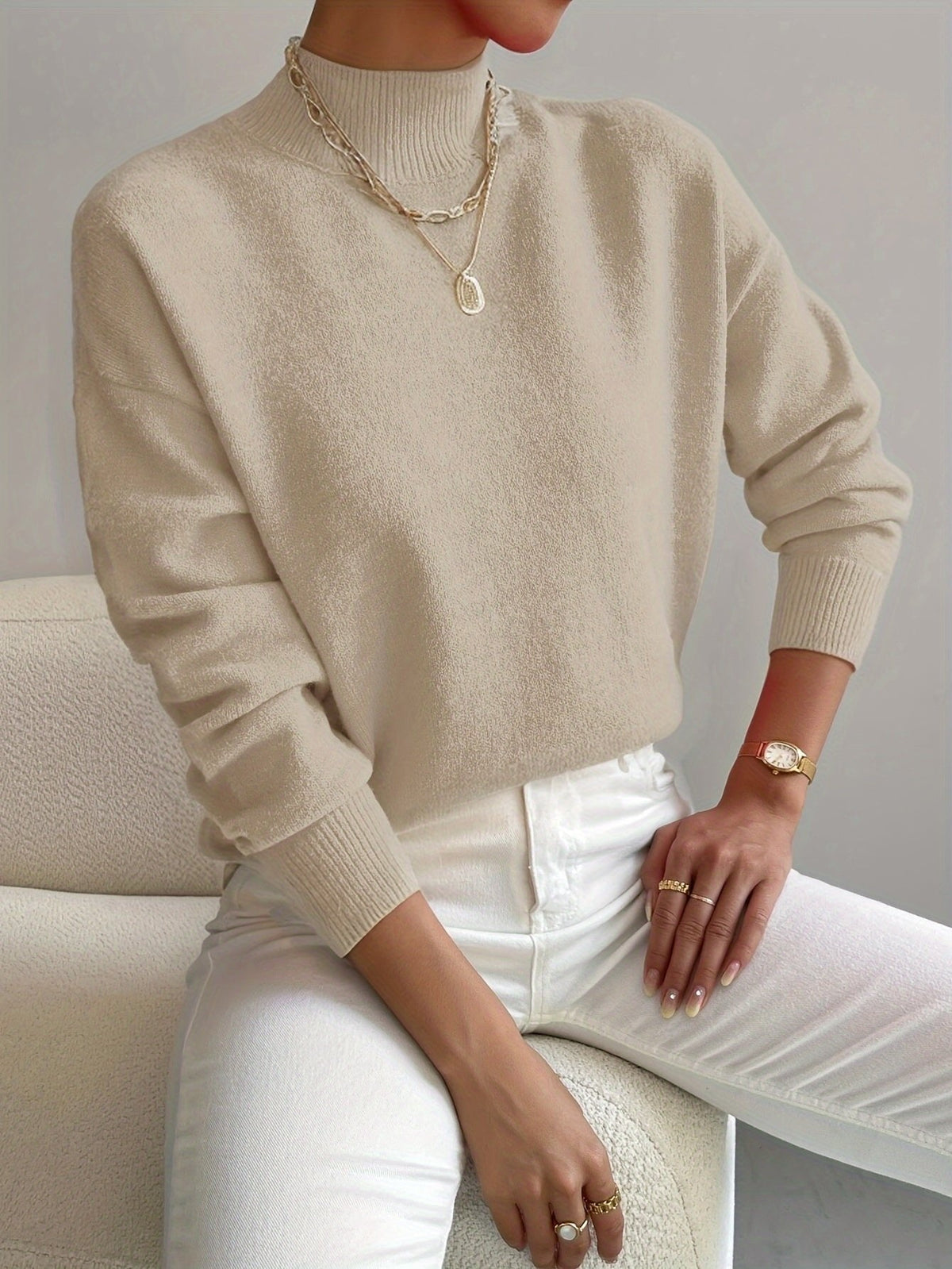 Women's Mock Neck Relaxed Sweater – Soft Everyday Knit with Ribbed Cuffs