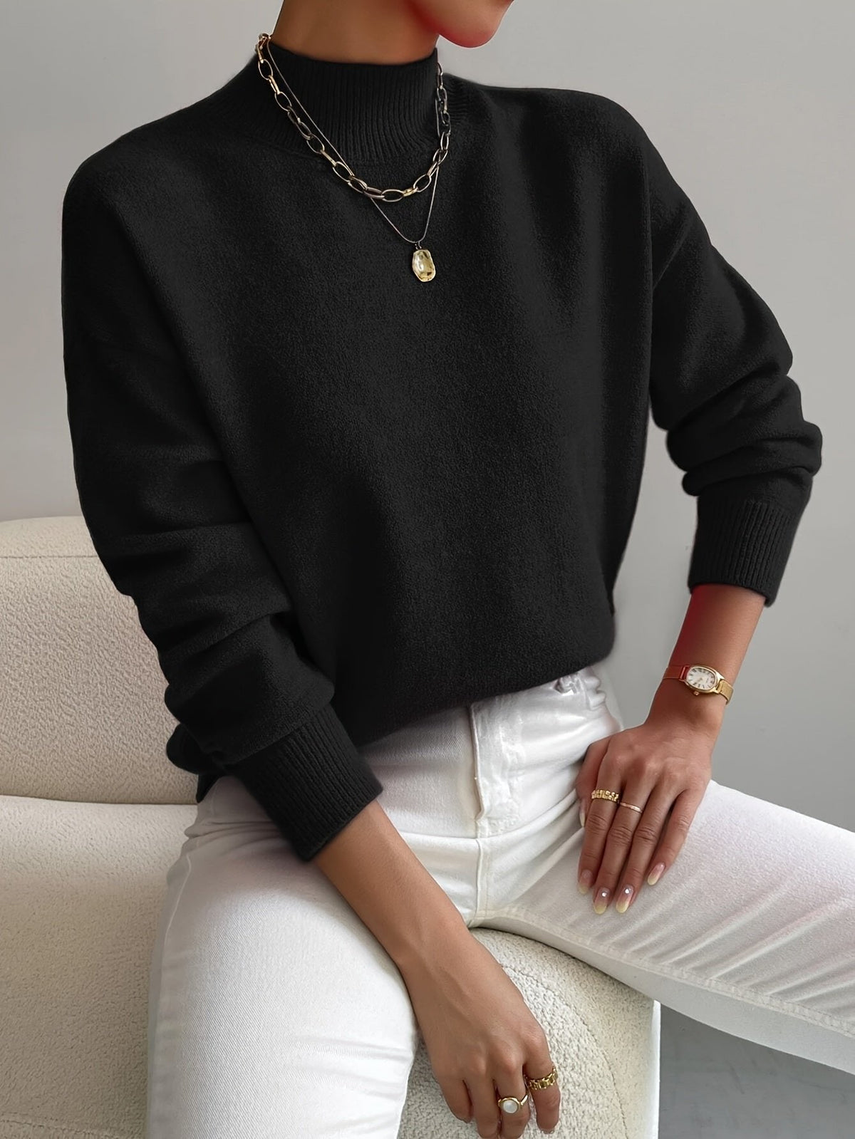 Women's Mock Neck Relaxed Sweater – Soft Everyday Knit with Ribbed Cuffs