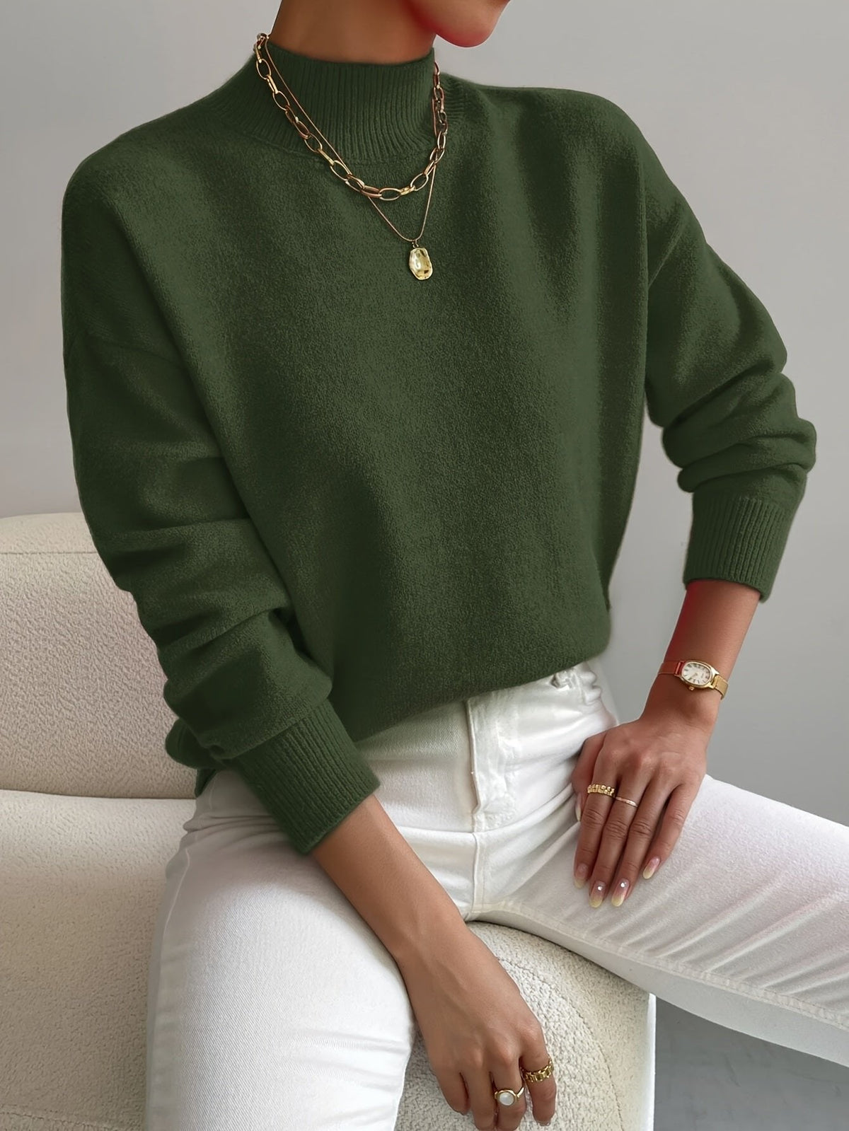 Women's Mock Neck Relaxed Sweater – Soft Everyday Knit with Ribbed Cuffs