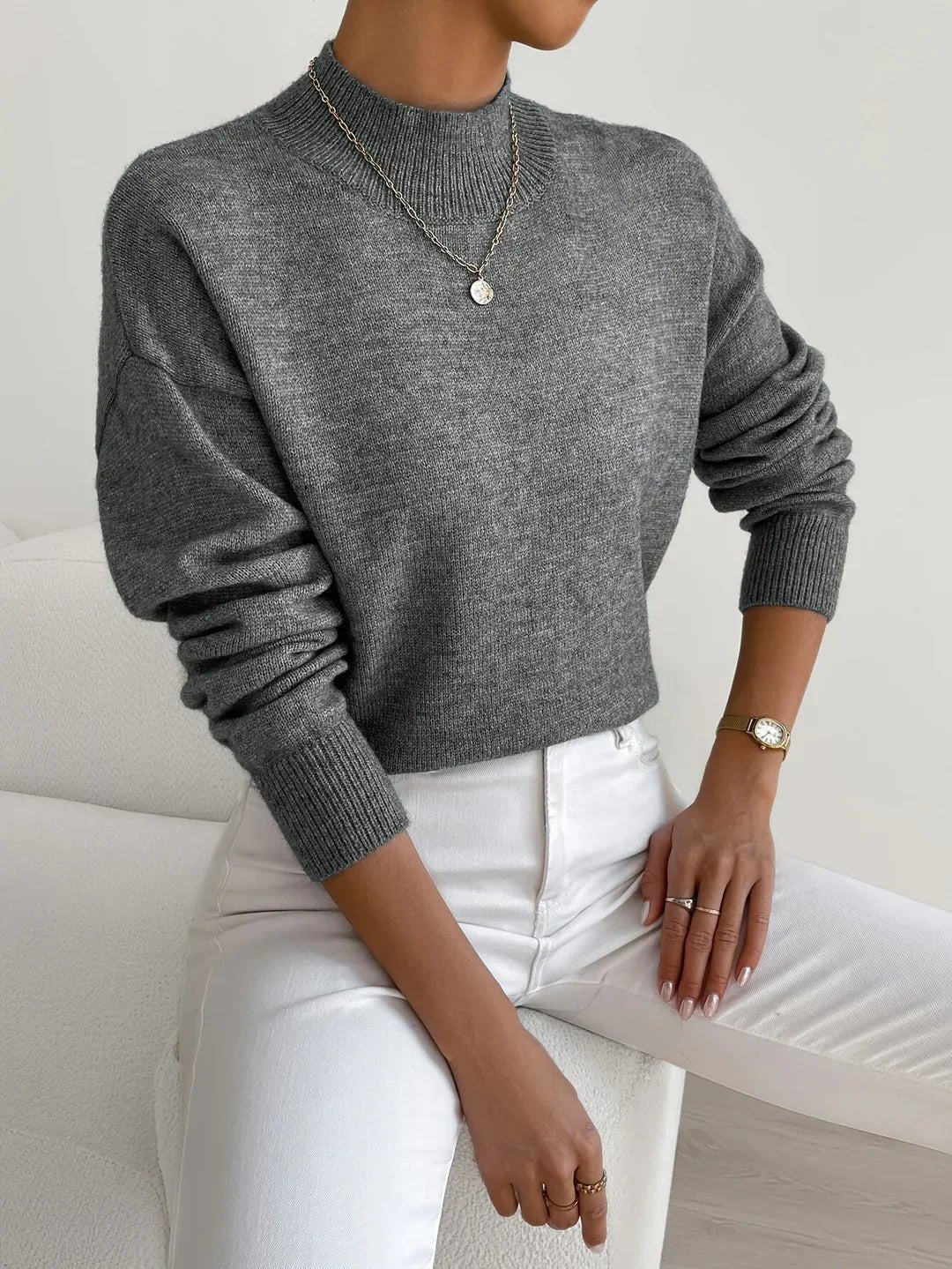 Women's Mock Neck Relaxed Sweater – Soft Everyday Knit with Ribbed Cuffs