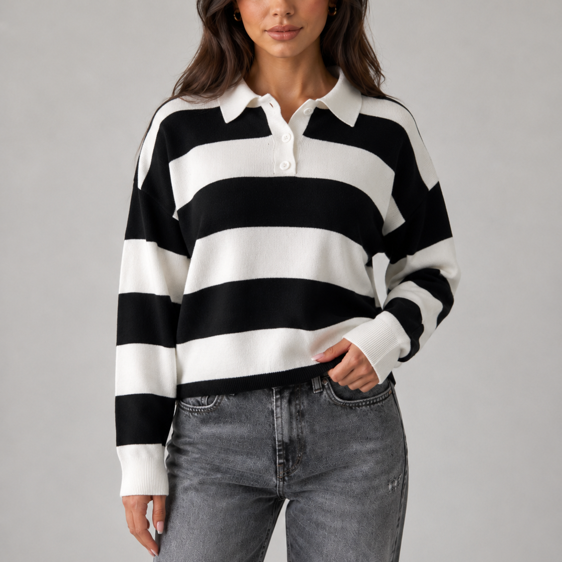 Women's Rugby Stripe Polo Sweater - Relaxed Long Sleeve Fit