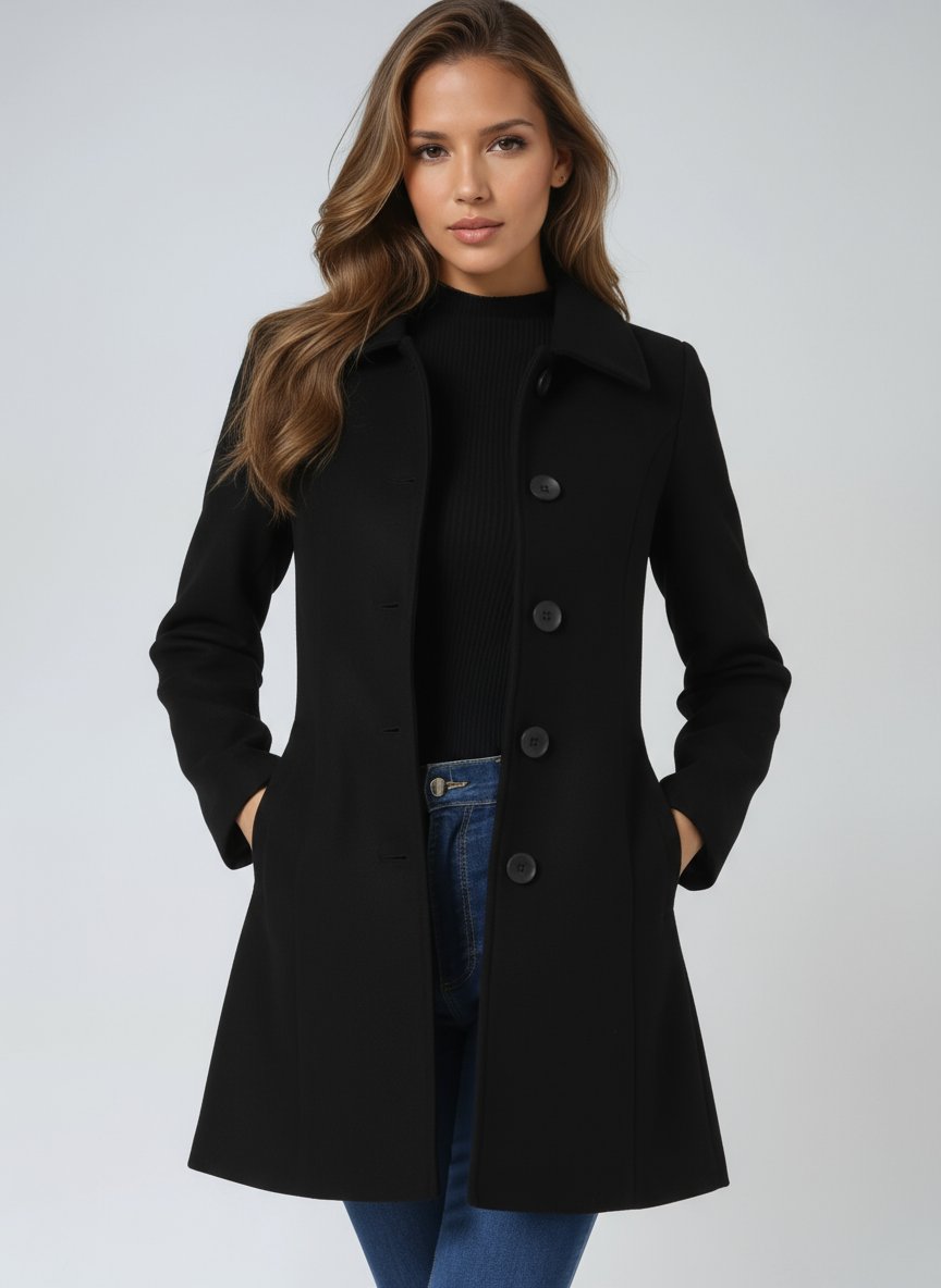 Women's Tailored Midi Overcoat – Single-Breasted Lapel Collar Winter Coat