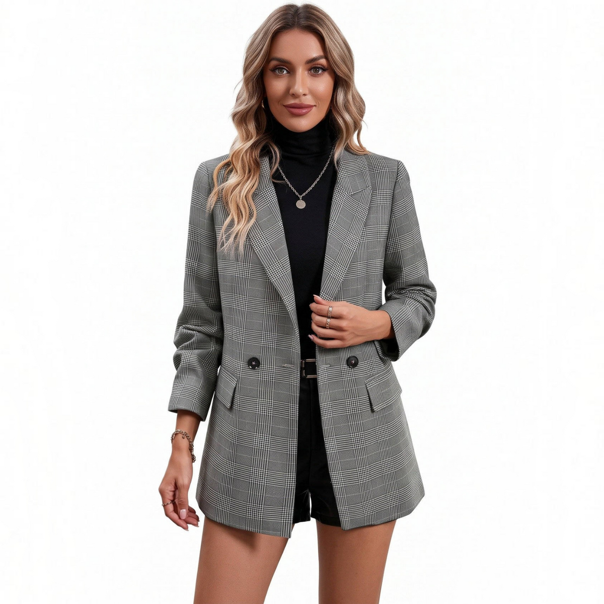 Women's Plaid Blazer – Houndstooth Business Casual Jacket for Fall