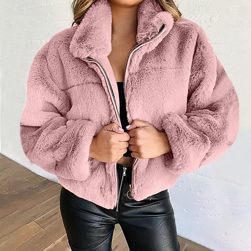 Women's Zip-Up Cropped Teddy Jacket - Plush Fleece Stand Collar Outerwear