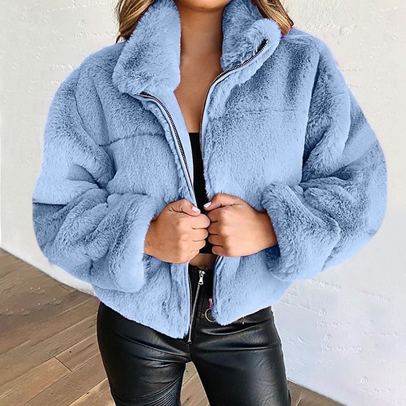 Women's Zip-Up Cropped Teddy Jacket - Plush Fleece Stand Collar Outerwear